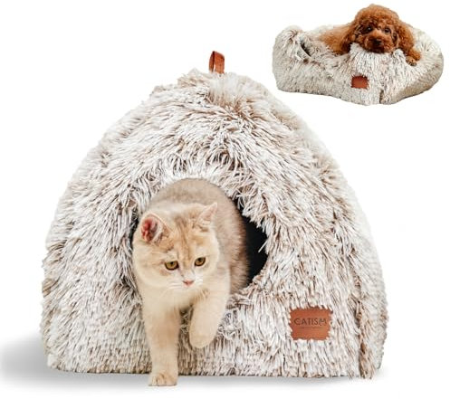 CATISM Katzenhöhle Katzenbett Katzenhaus Kuschelhöhle 45x45cm, 2 in 1 Faltbar Waschbar Bequemer Katzenschlafplatz für Katzen Kätzchen Welpen mit Abnehmbarem Katzenkopfkissen (Kaffee Braun)