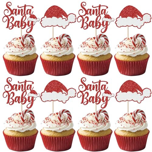 24 Stück Santa Baby Cupcake Toppers Glitzer Weihnachten Mütze Tortendeko Oh Baby Kuchen Deko für Frohe Thema Gender Reveal Dusche Geburtstag Party Dekorationen Rot