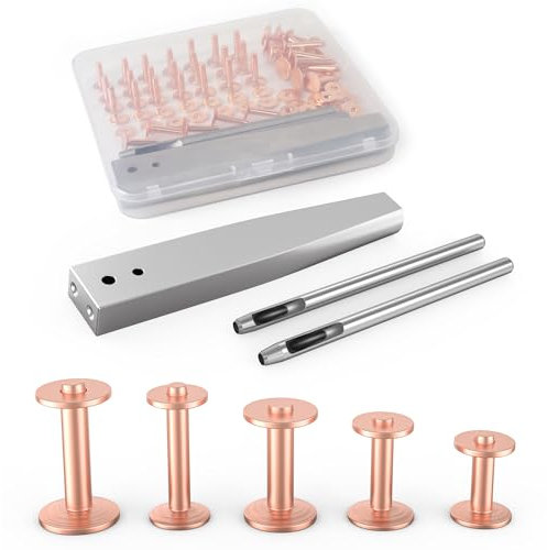 Funria 60 Stück Ledernieten mit 5-Größen Kupfernieten und Grate-Set Glatte Ledernieten mit 2 Stanznieten für DIY Dekoration und Befestigung von Gürtel Geldbörsen Halsketten Leder