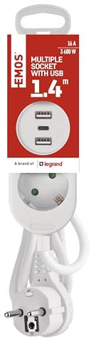 EMOS - Regleta de 2 enchufes con 3 Puertos USB, Longitud de Cable de 1,4 m - Regleta de 2 enchufes con Carga USB 1 x Tipo C, 2 x Tipo A - Regleta Apta para Montaje en Pared - IP20 para Interiores