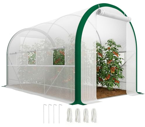Outsunny Foliengewächshaus 3,58 x 2,1 x 2,1 m mit Rolltür, Fenster, Weiß | Tomatenhaus, Treibhaus, Tunnel Gewächshaus, Pflanzenhaus, für Garten Balkon, Verzinkter Stahl