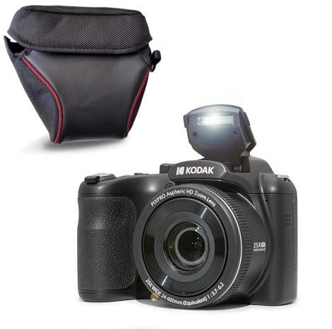 Kodak Pixpro AZ255 Bridgekamera, 16 MP, 25-facher optischer Zoom, Full HD 1080p, 24 mm Weitwinkel, Stabilisator, 7,6 cm LCD-Bildschirm, inklusive Tasche – ideal für Reisen – Schwarz