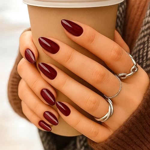 Wine Red Almond Nails Press on Nails with Jelly Adhesive Tabs, 12 Sizes French Tip Fake Stick on, ABS Reusable Art for Women, Easy to Apply, Stylish & Elegant Design