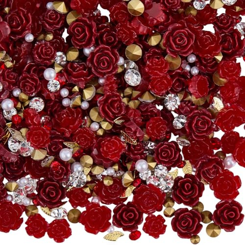 SOFPLATE 1 Box 150 Stück Rote Rosen Nagel Charms 3D Harz Blumenn Nagelkunst Dekorationen Flache Rückseite Strasssteine Edelsteine Perlen Valentinstag Fingernagel Zubehör Für Frauen Maniküre Kunst Zube