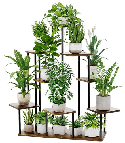 Bamworld Pflanzenständer Indoor 9 Ebenen, Blumentreppe aus Holz und Metall, Mehrstöckiges Pflanzenregal für Wohnzimmer Balkon und Flur, Dunkelbraun