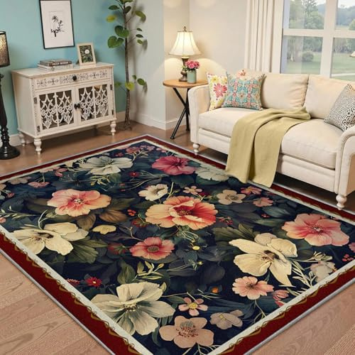 BYLEEHOMED Blumen im Retro-Ölmalerei-Stil Waschbare Teppiche fürs Wohnzimmer und Schlafzimmer wunderschöner Pfingstrosen-rutschfest mit niedrigem Flora-Teppich für zu Hause 140x200cm