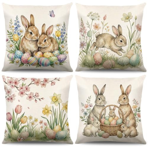 4 Stück Kissenbezug Ostern,40x40cm Osterdeko Leinen Kissenhülle,Osterdeko,Frühling Urlaub Kissenbezug Dekoration,Osterhase Kissenhülle,Hase Kissenbezüge Häschen Ostereiern,Für Zierkissenhülle Sofa (F)