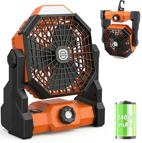 Qoosea Ventilatore da Campeggio 3 in 1 Ventilatore USB-C per Tenda 24000mAh Ricaricabile Ventilatore Portatile da Soffitto o da Scrivania con LED e Gancio per Esterno Pesca Auto Casa Ufficio BBQ