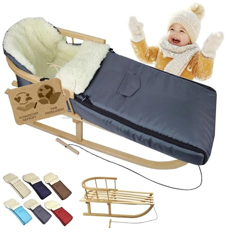 Rawstyle Holzschlitten mit Rückenlehne & Zugseil + Winterfußsack 108 cm – warme Lammwolle, wasserabweisend – Kombi-Set für Kinderwagen & Buggy (dunkelgrau)