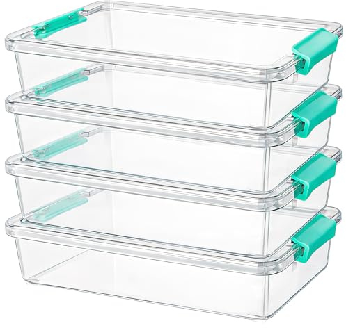 4 Pack A4 Storage Boxes with Lids, 5.7L Clear Plastic Document Organisers | Shallow Stackable Design with Locking Clips for Stationery, Cables and Home Office Essentials, 35.5 x 26.6 x 7.3 cm