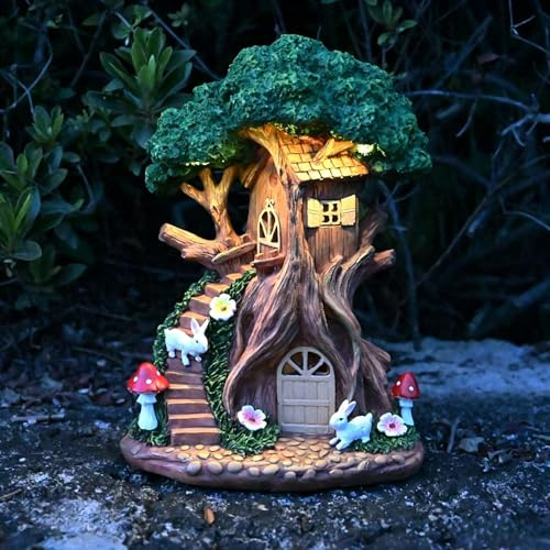Tuzsocr Solar Feenhaus Baumhaus, Kunstharz LED Hase Pilz Gartenfigur, Fantasy Elfenhaus Solarlampe, Automatisch Wetterfest, für Außen Garten Hof Rasen Terrasse Balkon, Geschenk Frauen Mama Geburtstag