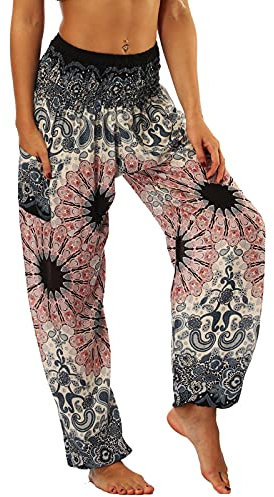 Nuofengkudu Frau Hippie Harems Hose Pumphose Haremshose Aladdinhosen Blumenmuster Gemustert Gesmockte Taille mit Taschen Yogahose Sommerhose Strandhose Grau Blume