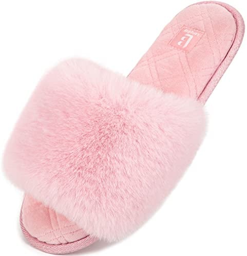 LongBay Women's Summer Slippers Open Toe Memory Foam Ladies House Shoes | Terry Cloth Lining, Fluffy Faux Fur, Non Slip, Bedroom, Living Room, Garden Travel and Quick Outdoor Errands