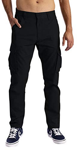 Herren Cargo Hose 6 Taschen 100% Baumwolle Freizeithose Loose Fit Arbeitshose (34W / 32L, Schwarz)