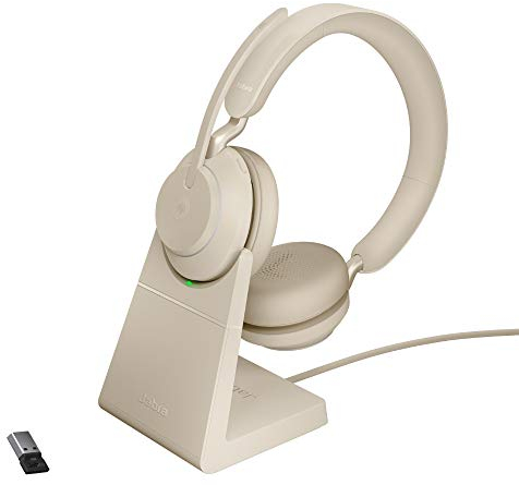 Jabra Evolve2 65 Auriculares Inalámbricos Estéreo PC con Soporte de Carga - Certificados para Microsoft Teams - Batería de Larga Duración - Adaptador Bluetooth USB-A - Beige