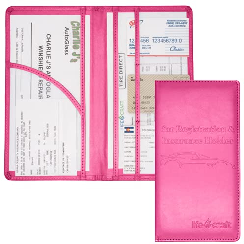 Lifecraft Insurance Registration Document Holder for Glove Box Compartment Organizer Auto Drivers License, ID and Cards - Premium PU Leather Vehicle Magnetic Information Cover Wallet (Hot Pink)