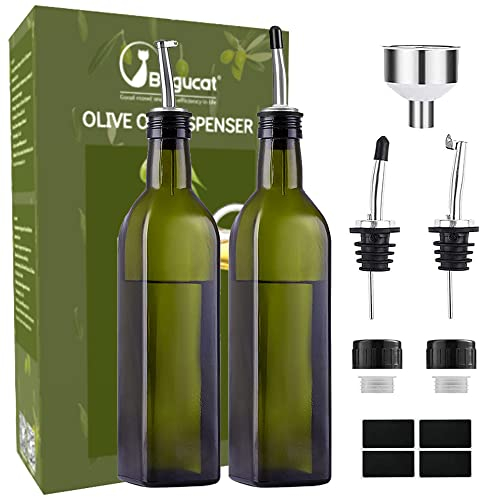 Bugucat Ölflasche, 2PCS 500ML Essigflasche aus Glas mit Spender,Öl Flaschen mit Ausgießer und Etikett, Olivenöl Spender mit Anti-Schmutz Verschluss Auslaufsicher und Tropffrei zum Kochen,Salat,Grillen