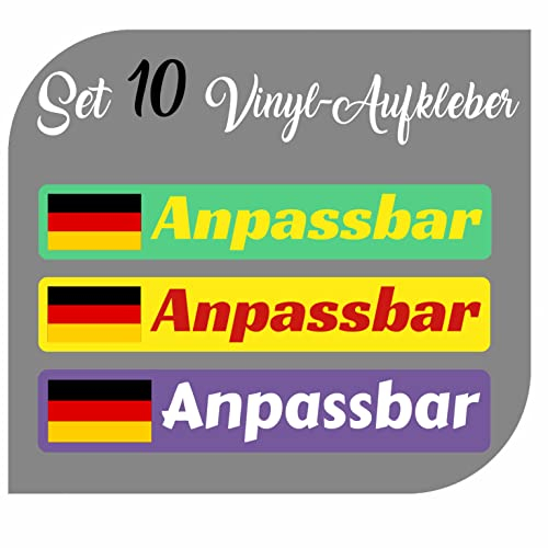 CrisPhy Set mit 10 Aufklebern aus Vinyl, Deutsche Flagge + 5 verschiedenen Namen – Fahrrad, Helm, Skateboard, Auto, Motorrad etc. (Font Pack 1)