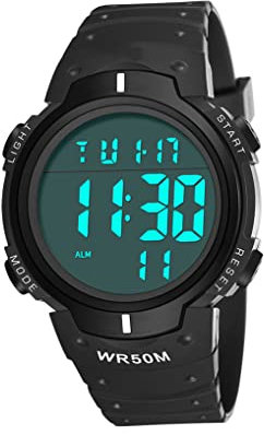 sevennine Mens Digital Sports Montre à écran LED Grand visage Montres militaires pour hommes imperméables décontractés chronomètre lumineux, noir
