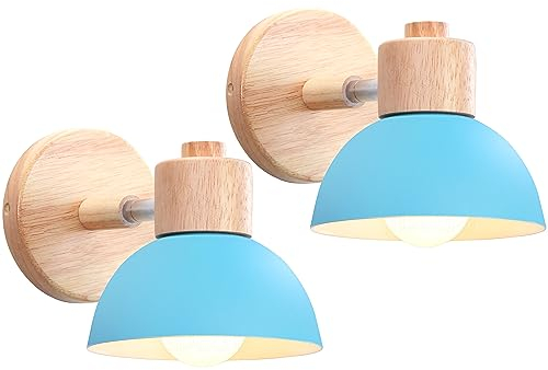 iDEGU 2 Stücke Wandleuchten Moderne Innen Wandlampe aus Holz Metall Halbkreis Lampenschirm E27 Verstellbare Wandspot Vintage Lampe für Schlafzimmer Wohnzimmer (2 Lampen, Blau)