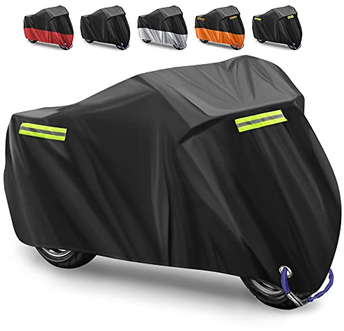 Motorradabdeckung Motorrad Abdeckplane Outdoor Kratzer verhindern Wasserdicht Motorradgarage 210D Oxford Schutzhülle für Harley-Davidson,Suzuki,Yamaha(Schwarz Reflektierenden Streifen,265X105 X125cm)