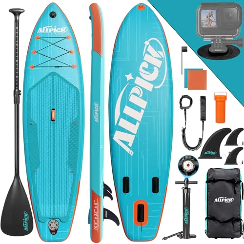 ALLPICK Premium SUP Board Set, Stand Up Paddling Board Aufblasbar, Mit Universal Kamerahalterung, Komplettes Zubehör, Verstellbares Paddel, Anfänger, Fortgeschrittene, 180kg (Frisch - Türkis)