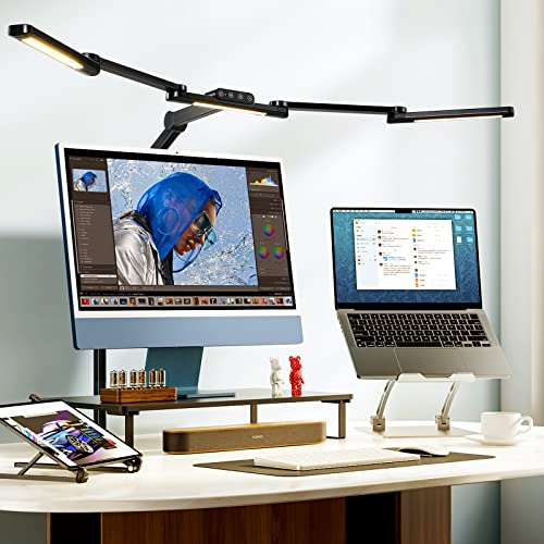 Lightess Schreibtischlampe LED Dimmbar 105cm 24W Klemmbar Doppelkopf Schreibtischlampe Touch Tischlampe Monitor Lampe 5 Farbtemperatur-Helligkeitsstufen Tageslichtlampe für Architekenden Heimbüro