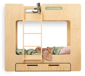 SMARTWOOD Kinderbett Mimi DL - Leiter Links Etagenbett 90x180 mit Lattenrost und Rausfallschutz - Kinderbett mit schubladen - Montessori Bett mit Rausfallschutz und Lattenrost - Naturalholz 90x180cm