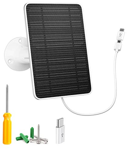 Solar Panel for Security Camera, 5W USB Solar Panel for DC 5V Security Camera, Micro USB & USB-C Port Solar Panel, IP65 Waterproof Solar Charger for Camera,360° Adjustable Mounting 13ft Cable, 1 Pack