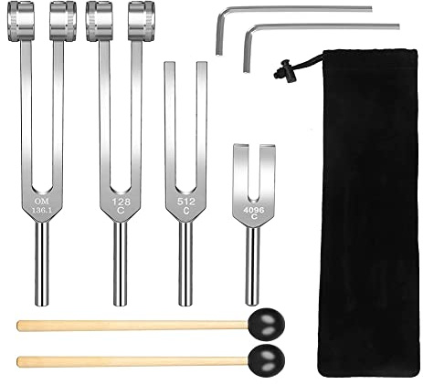 Jikoiuty Tuning Fork Kit (128Hz, 136.1Hz, 512Hz,4096Hz) with Reflex Hammer for Set Musical