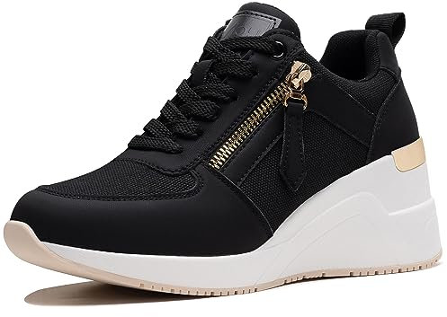 ANJOUFEMME Sneaker mit Keilabsatz Schuhe Damen Schwarz - Turnschuhe mit Absatz Damen, Plateau Sneaker Damen, Plateau Sportschuhe Damen, Wedges Sneaker Damen Keilabsatz W139-FN-DE-BLACK-36