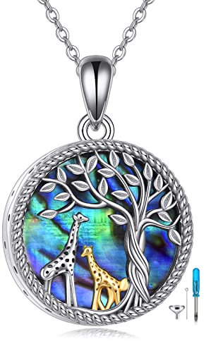 YAFEINI Giraffe Urn Necklace Sterling Silver Abalone Shell Giraffe Cremation Necklace for Ashes Tree of Life Cremation Jewelry for Women Men