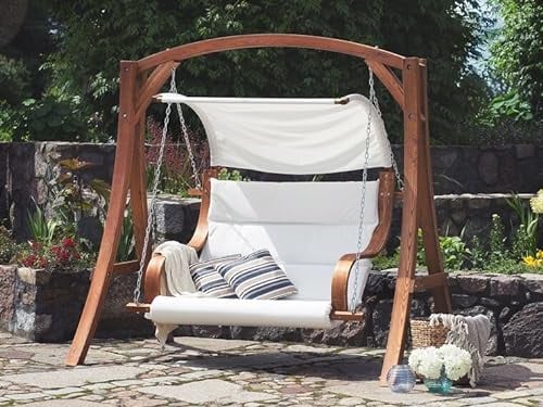 PureHaven Hollywoodschaukel für 3 Personen 195x105x192 cm aus Lärchenholz inkl. Sitzauflage & Beschattung standsicher und strapazierfähig Cremefarben