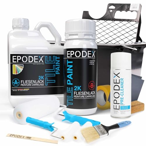 EPODEX® 2K TILE PAINT | Fliesenlack | Fliesenfarbe Boden Wand | + Zubehörset | 1.8kg (8m²)| Geruchsneutral Lösemittelfrei Abriebfest