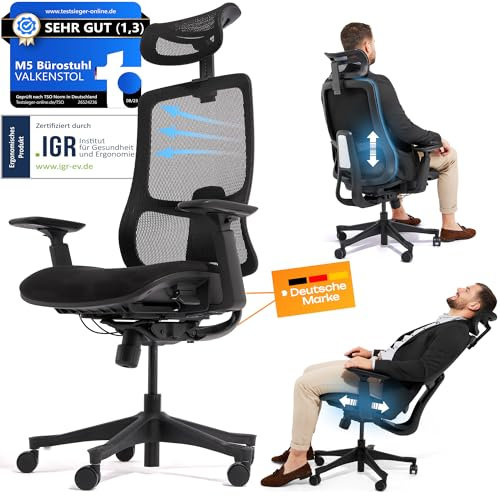 VALKENSTOL M5 Bürostuhl Ergonomisch Testsieger Höhenverstellbare Rückenlehne und Einstellbare Sitztiefe | Schaumstoff-Sitz | gesunder Rücken auch für Grosse Menschen | Chefsessel Schreibtischstuhl