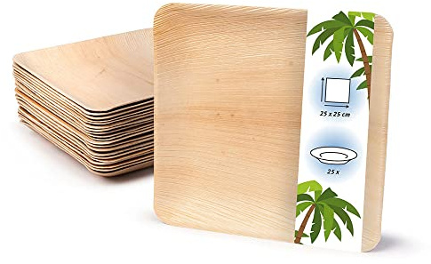 onlyleaf Palmware Haute qualité d'assiette en feuille de palmier I 25 pièces d'assiettes rectangle du feuille palmier 25 x 25 cm I Bio jetable vaisselle pour fête rapidement décomposable