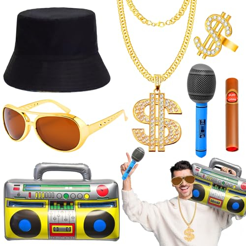 Cheloveer7pcs Zuhälter Kostüm Herren Hip Hop Kostüm 70er 80er Jahre Outfit Herren 80er Jahre Accessoires Herren 80er 90er Jahre Outfit Herren Rapper, Gangster Rapper Kostüm Für Karneval Kostüm Herren