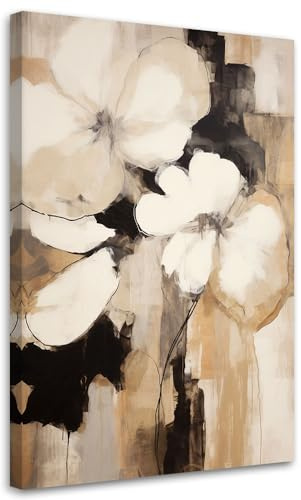 Feeby - Wandbilder Wohnzimmer 60x90 cm, Blumen Geometrie Abstraktion, Leinwand Bilder, Bilder für Schlafzimmer, Echter Gemalter Effekt, Moderne Wanddeko, Gemälde - Wie Gemalt Boho Beige