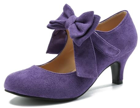 omthaka Women's Bow Mary Jane Kitten Heel Round Toe Low Heels Ankle Strap Dress Evening Party Pumps, Purple, 5.5 UK