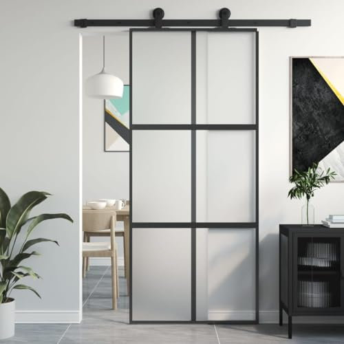 Gecheer Porta,Scorrevole,Kit Montaggio,in Vetro ESG e Alluminio,Nero e Opaco,90x205 cm,con Griglie 3x2,Porte Sorrevoli,Porta Scorrevole in Vetro e Alluminio
