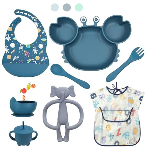 ASENME Vajilla bebé silicona, vajilla infantil de 9 piezas Vajillas (Azul marino)