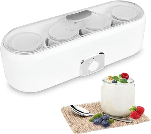 MOSOHINO Yogurtera Casera, Pequeña Máquina de Yogur Griego con 4 Frascos de Vidrio Individuales (180ML/Jarra) y Tapa Transparente, Higiénica Más Saludable, para el Hogar, Oficina, Escuela
