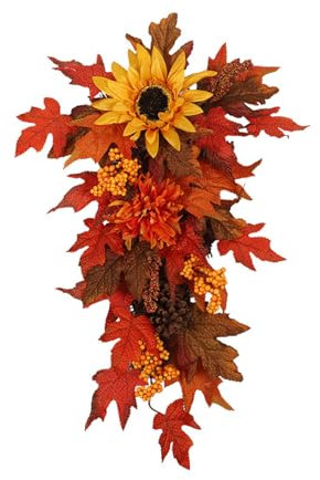 Ghirlanda Autunnale a Goccia per Porta D'ingresso, Ghirlanda di Foglie di Acero Artificiale con Girasoli per il Ringraziamento, Ghirlanda per Porta del Raccolto Autunnale per Decorazioni, Ghirlanda a