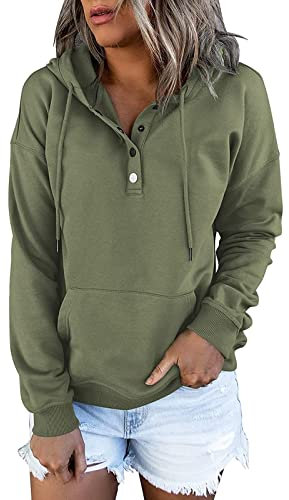 Kapuzenpullover Damen Knopfleiste Hoodie Casual Pullover 2024 Mode Langarm Übergangsjacke Herbst Winter Sweatshirt Sport Langarmshirt Locker Mantel Einfarbig Oberteil (A16 Green,3XL)