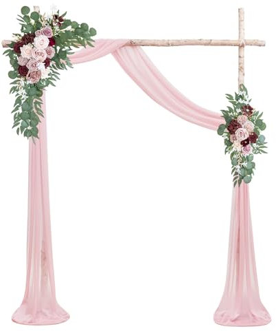 ponatia Hochzeitsbogen-Blumen-Set (3 Stück) mit weißem Bogen, Drapierstoff, staubige Rosenblüten für Zeremonie und Empfang, Blumenparty, Outdoor-Dekoration