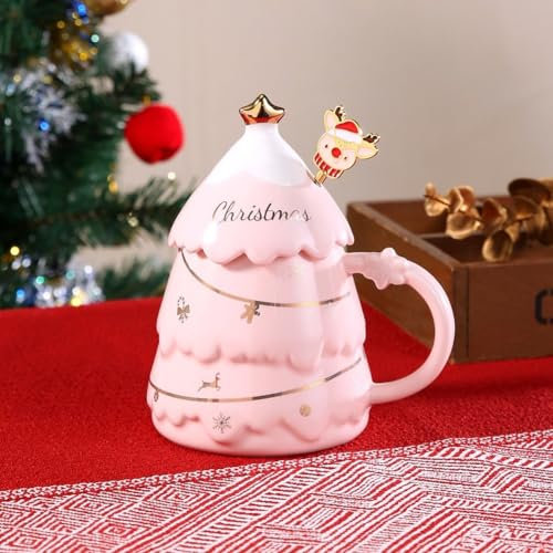 VollfitYYu Neuheite Weihnachtstasse 3D Weihnachtsbaum Kaffeebecher mit Deckel und Löffel 400ml Porzellan Weihnachtsbecher Geschenk für Halloween Weihnachten Neujahr Geburtstag (Rosa)