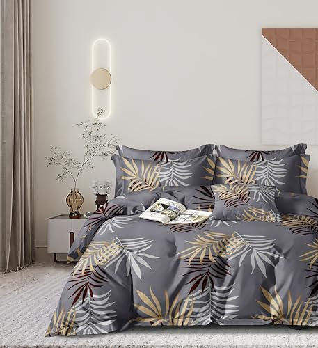 CDV Set di Biancheria da Letto 4 Pezzi con Stampa, Microfibra Set Copripiumino per Letto Matrimoniale con Zip, Lenzuolo con Angoli e 2 Federe, Set Copripiumini e Federe (Matrimoniale, Foglie oro)