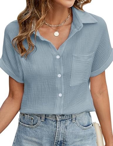Niwicee Chemisier Femme Chic et Élégante 100% Coton Chemise Col en V Manches Courtes Chemisiers et Blouses Haut Décontracté T-Shirts Été Tunique Tops avec Boutons(Bleu,XXL)