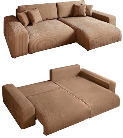 Modernes Cord Ecksofa 255x165 cm mit Schlaffunktion und Bettkasten, Wellenunterfederung, L-Couch links oder rechts montierbar, Liegefläche 148x196 cm, Cord-Bezug in Hell-Braun / 21002