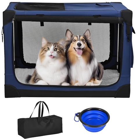 Kidken Tragbare Hundekiste, abnehmbare Matte und atmungsaktives Netz, Faltbare Reisekiste extra groß für Hunde und Katzen, Haustierkiste Auto Hund Storage Bag und Pet Bowl (XL: 90x64x64cm)